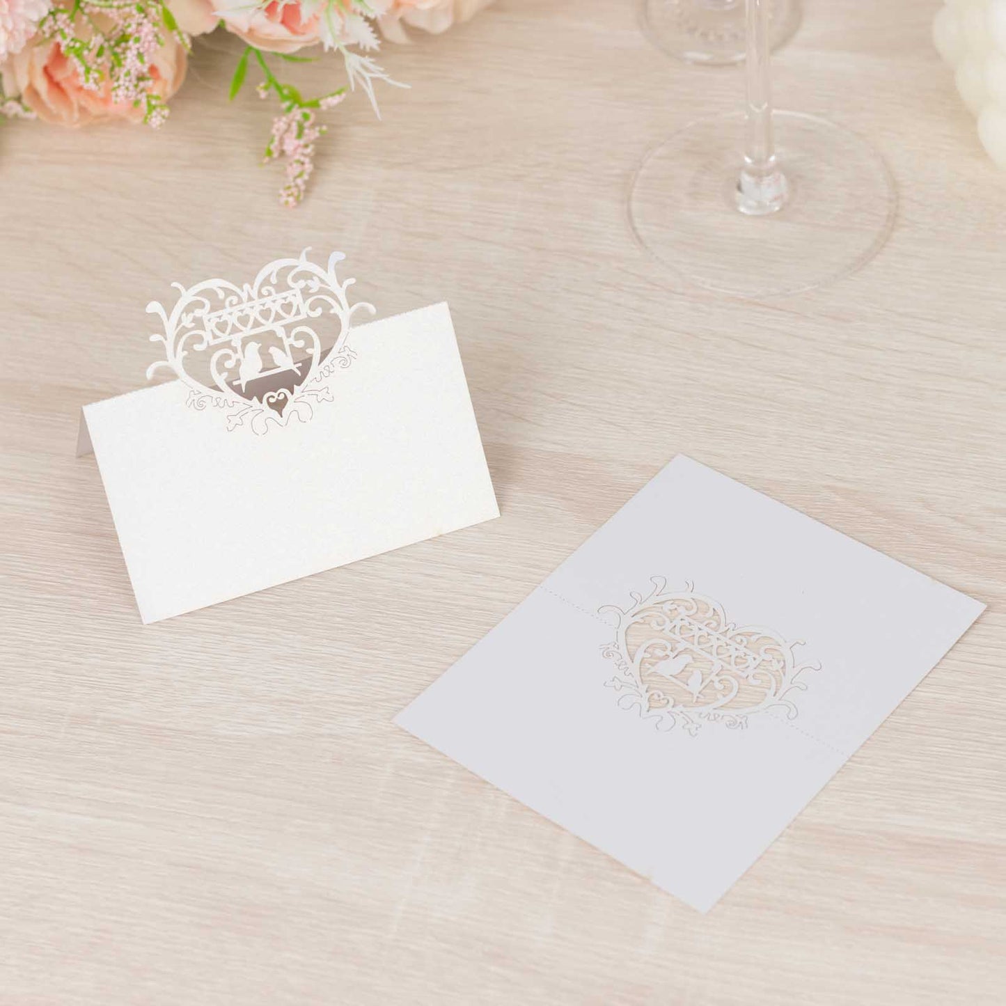 50 Pack White Wedding Table Number Cards with Laser Cut Hollow Heart Design Top, Printable Reservation Seating Name Place Cards - 210 GSM