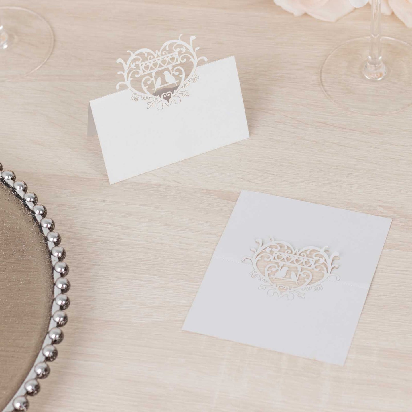 50 Pack White Wedding Table Number Cards with Laser Cut Hollow Heart Design Top, Printable Reservation Seating Name Place Cards - 210 GSM