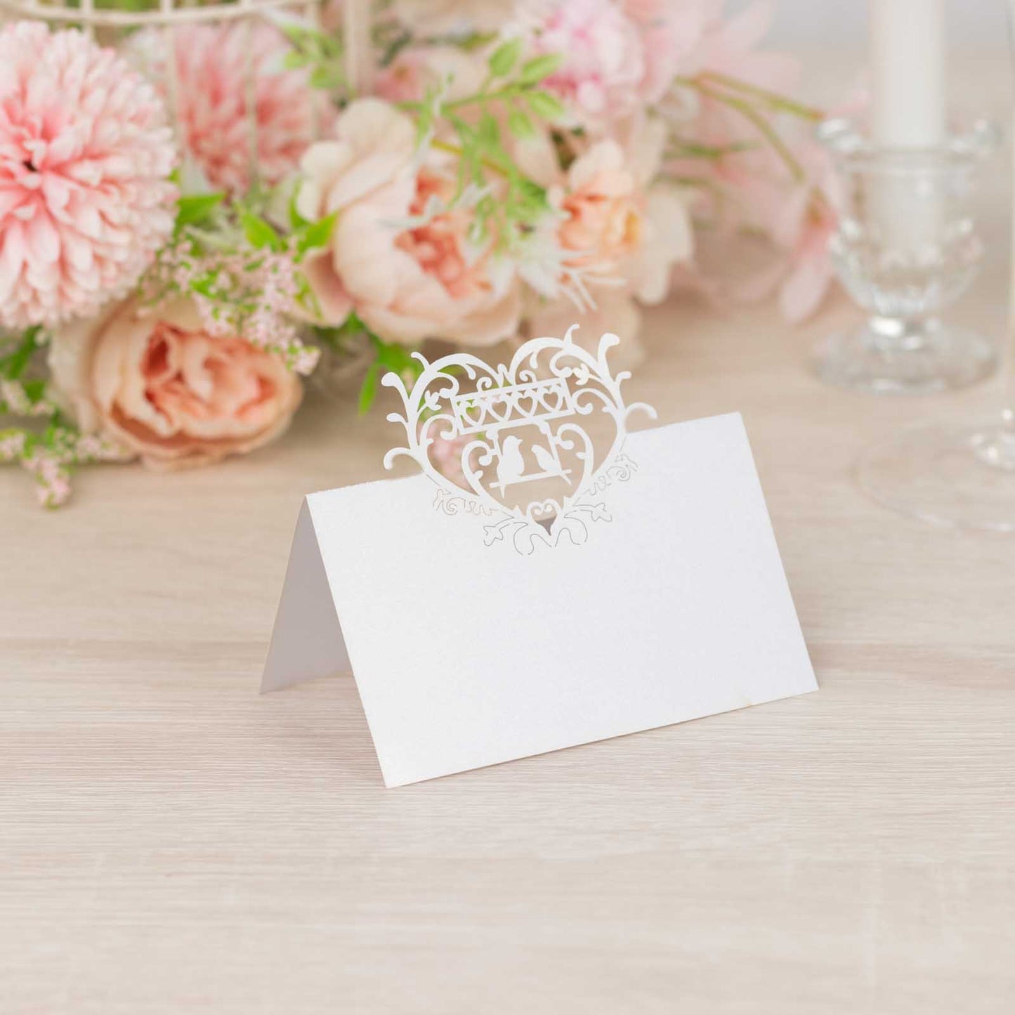 50 Pack White Wedding Table Number Cards with Laser Cut Hollow Heart Design Top, Printable Reservation Seating Name Place Cards - 210 GSM