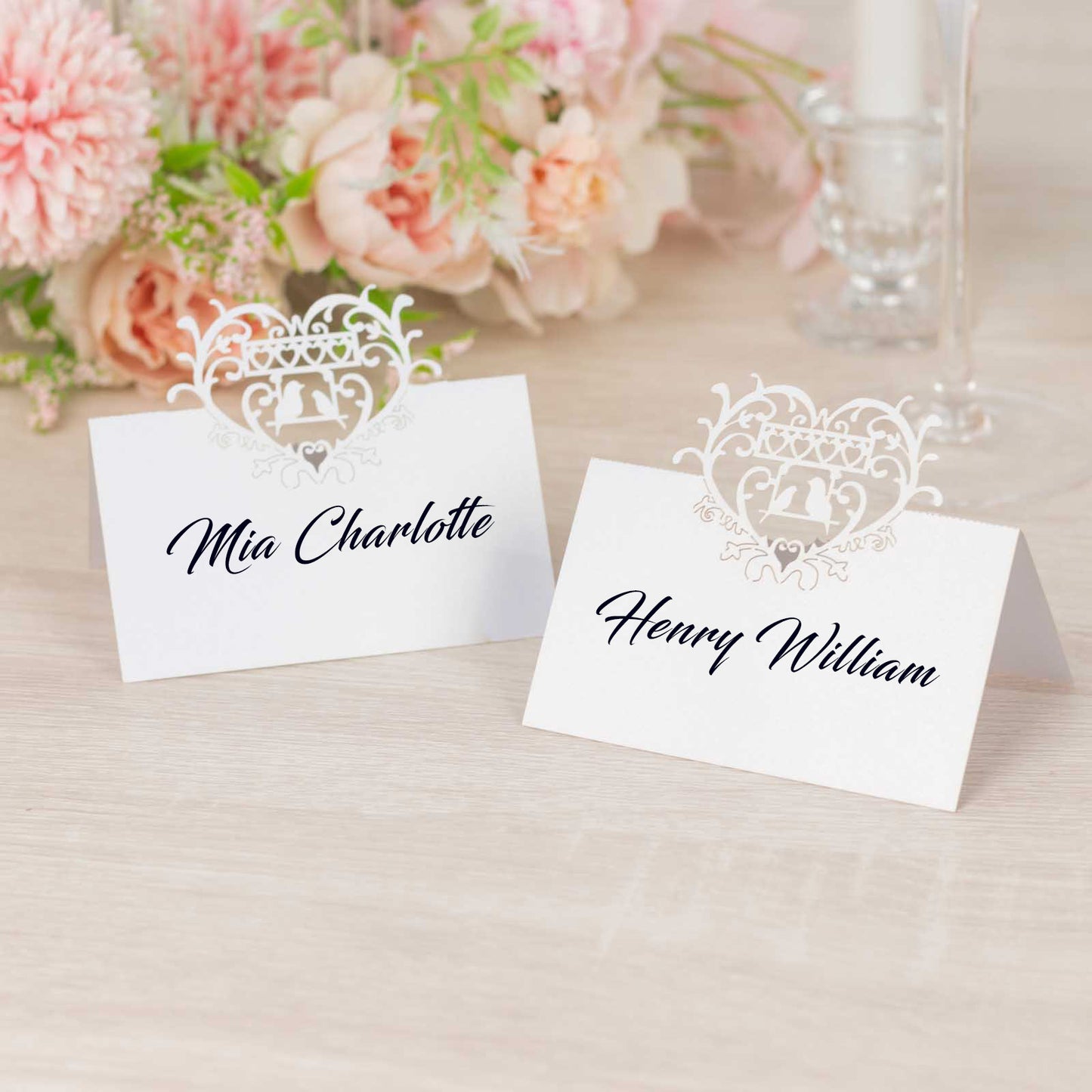 50 Pack White Wedding Table Number Cards with Laser Cut Hollow Heart Design Top, Printable Reservation Seating Name Place Cards - 210 GSM