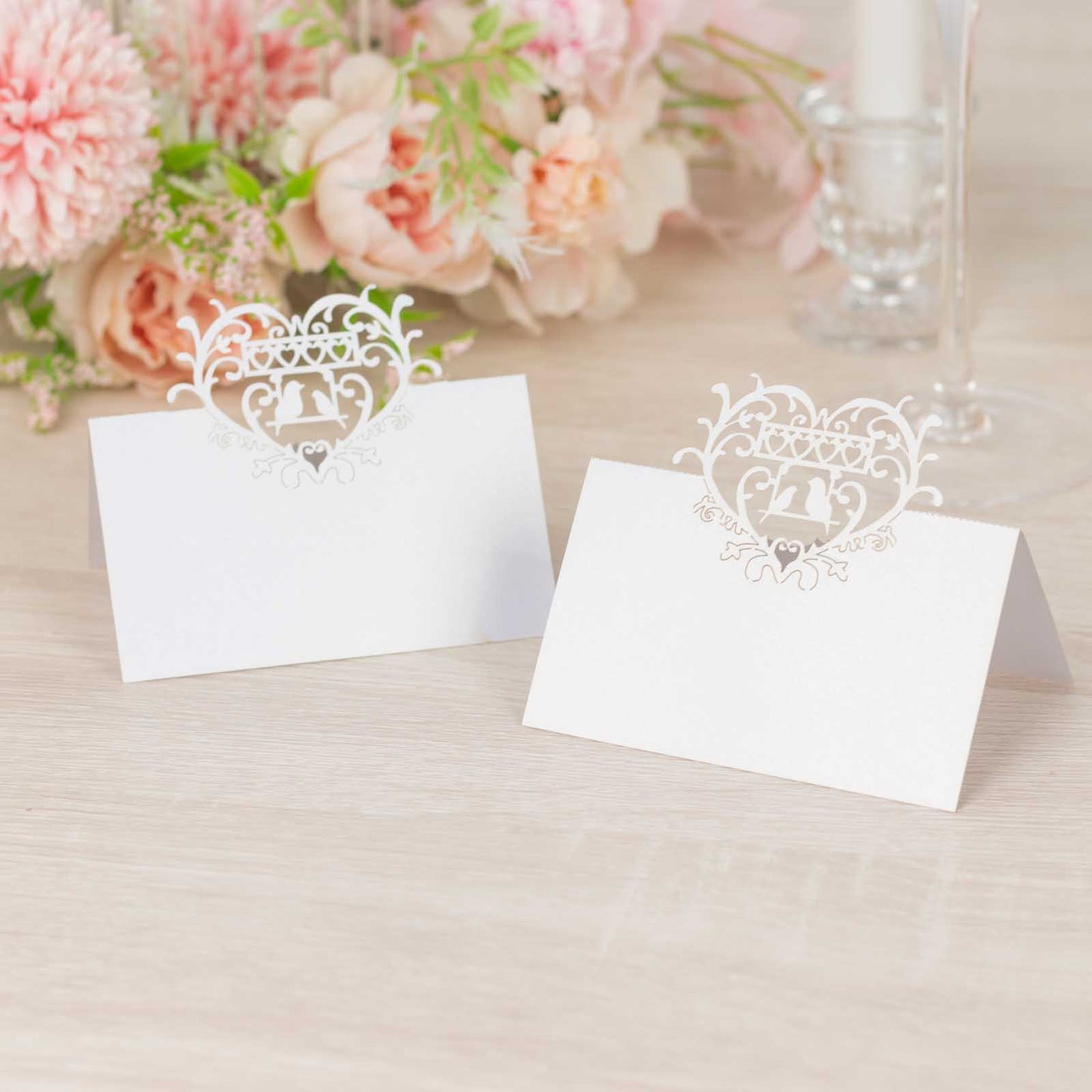 50 Pack White Wedding Table Number Cards with Laser Cut Hollow Heart Design Top, Printable Reservation Seating Name Place Cards - 210 GSM