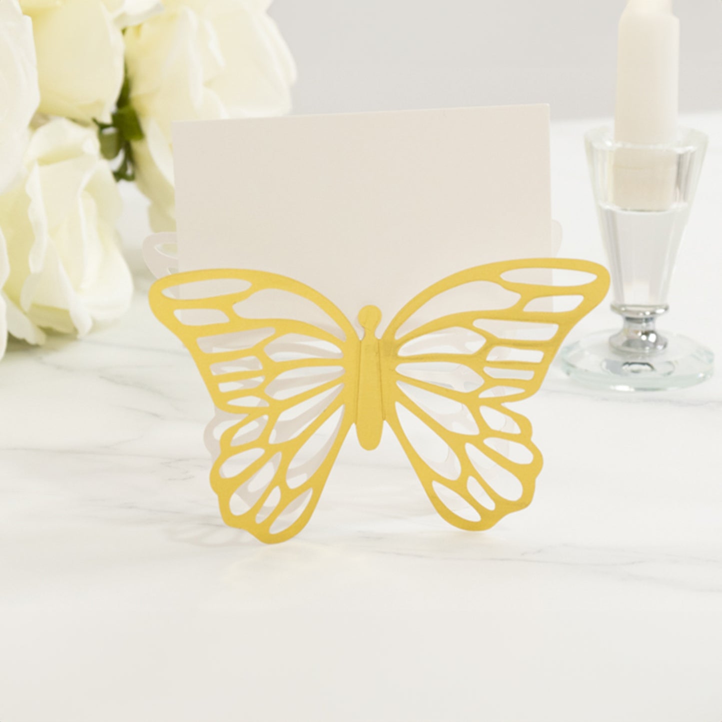 25 Pack Gold Butterfly Table Number Holders with White Printable Cards, Free Standing 3D Butterflies Paper Place Card Holders - 3"x5"