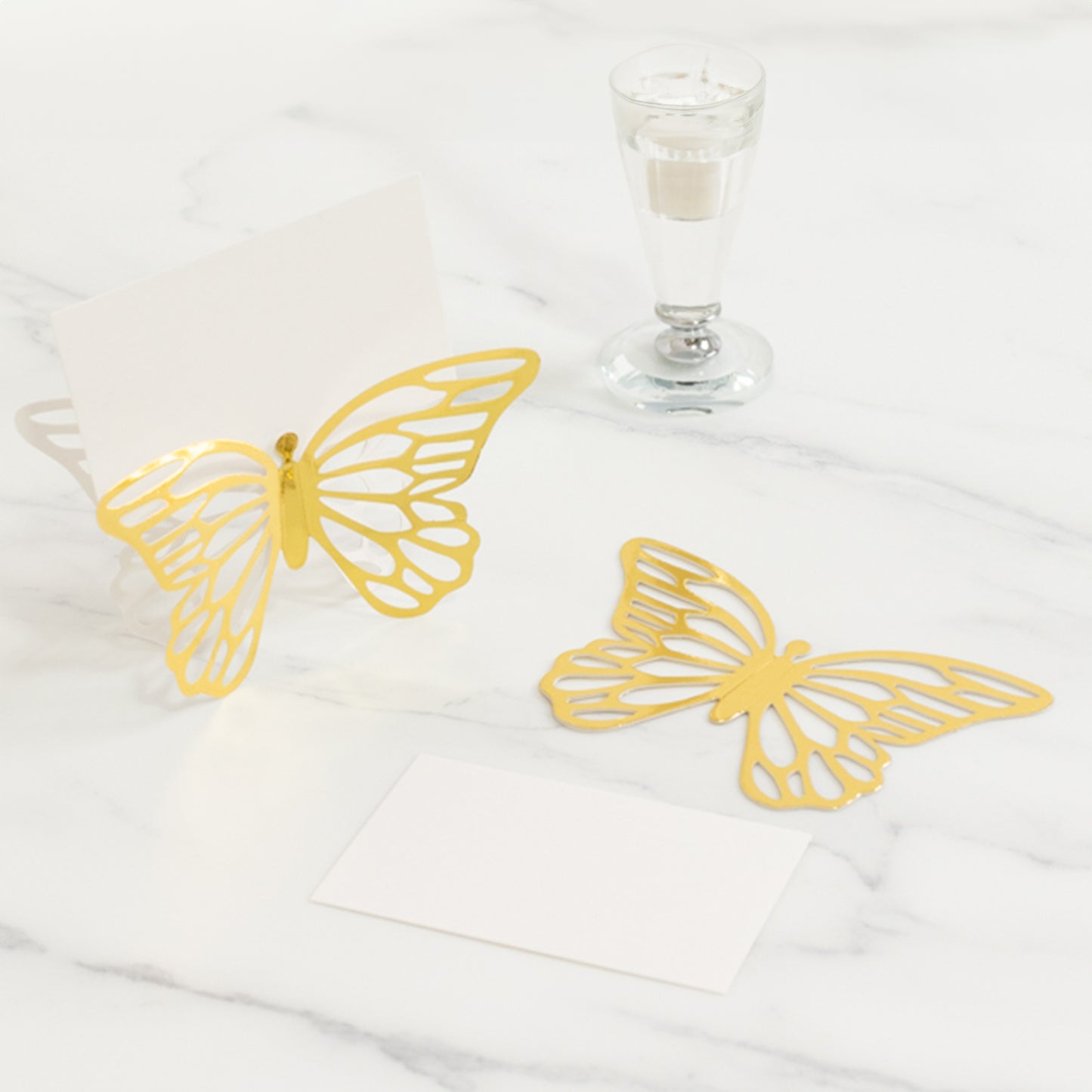 25 Pack Gold Butterfly Table Number Holders with White Printable Cards, Free Standing 3D Butterflies Paper Place Card Holders - 3"x5"