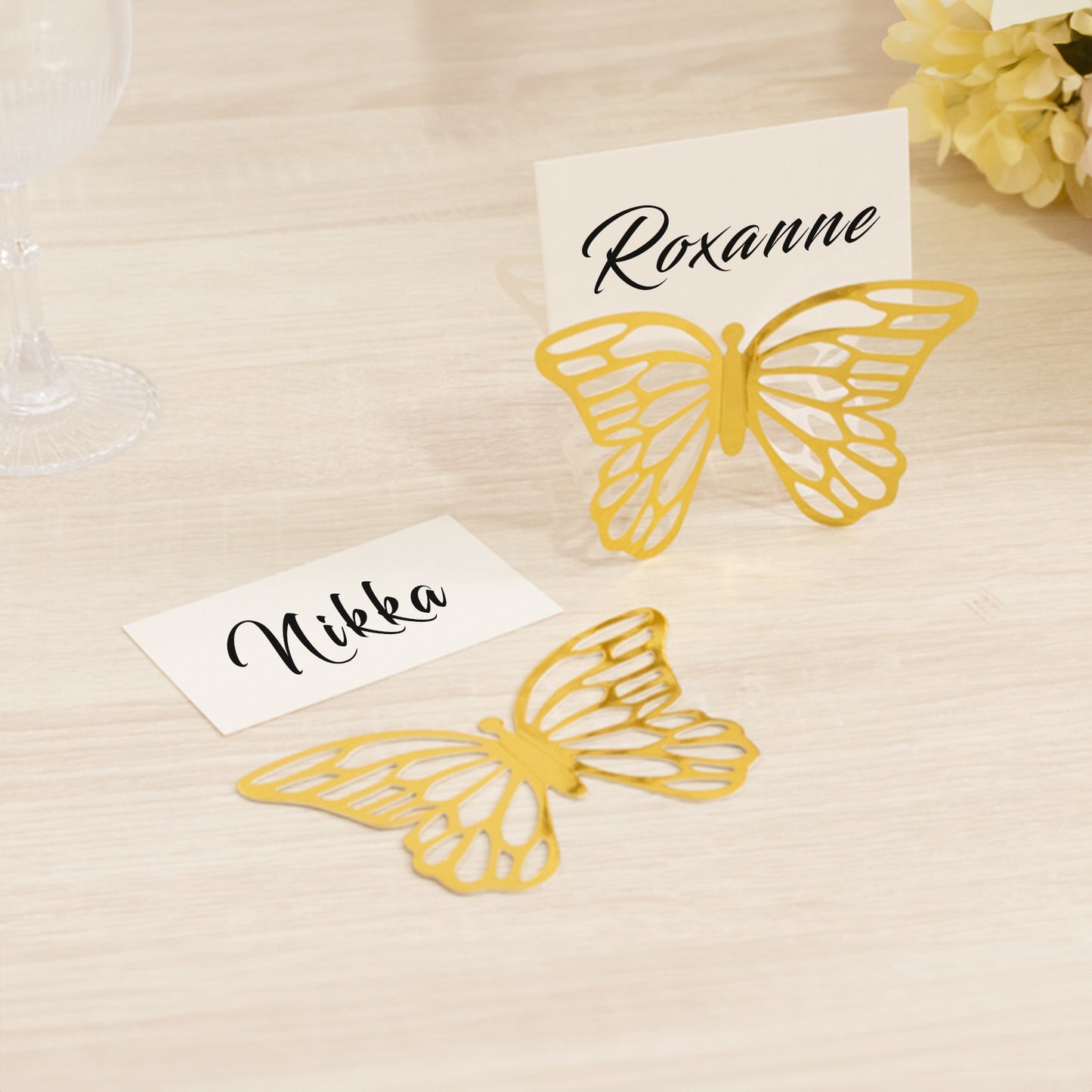 25 Pack Gold Butterfly Table Number Holders with White Printable Cards, Free Standing 3D Butterflies Paper Place Card Holders - 3"x5"