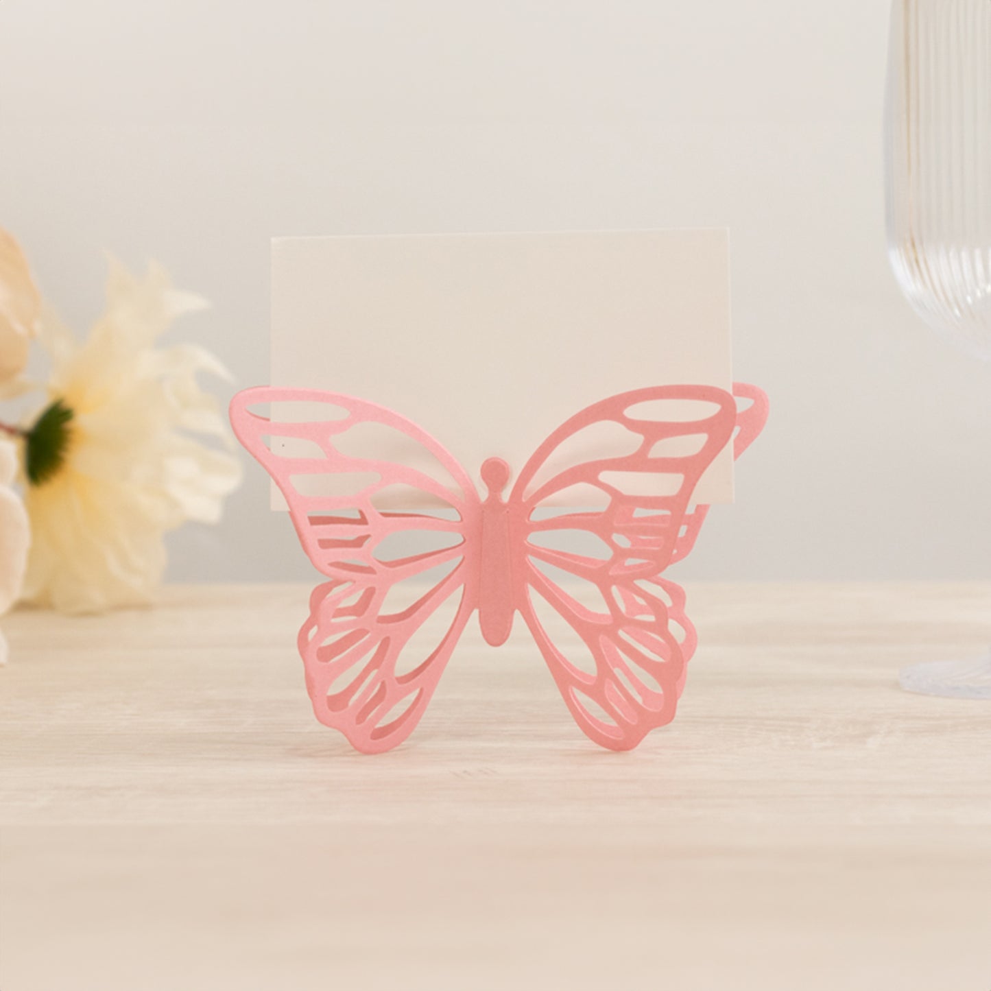 25 Pack Pink Butterfly Table Number Holders with White Printable Cards, Free Standing 3D Butterflies Paper Place Card Holders - 3"x5"