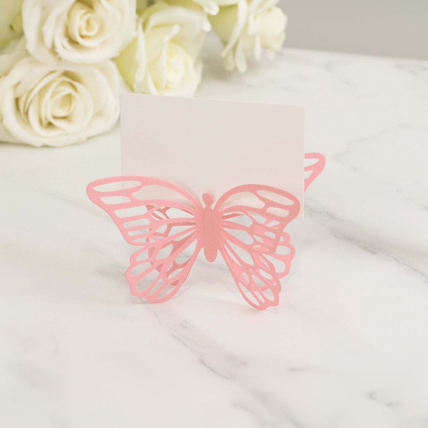 25 Pack Pink Butterfly Table Number Holders with White Printable Cards, Free Standing 3D Butterflies Paper Place Card Holders - 3"x5"