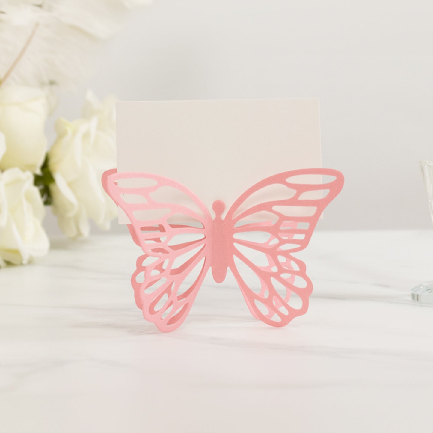25 Pack Pink Butterfly Table Number Holders with White Printable Cards, Free Standing 3D Butterflies Paper Place Card Holders - 3"x5"