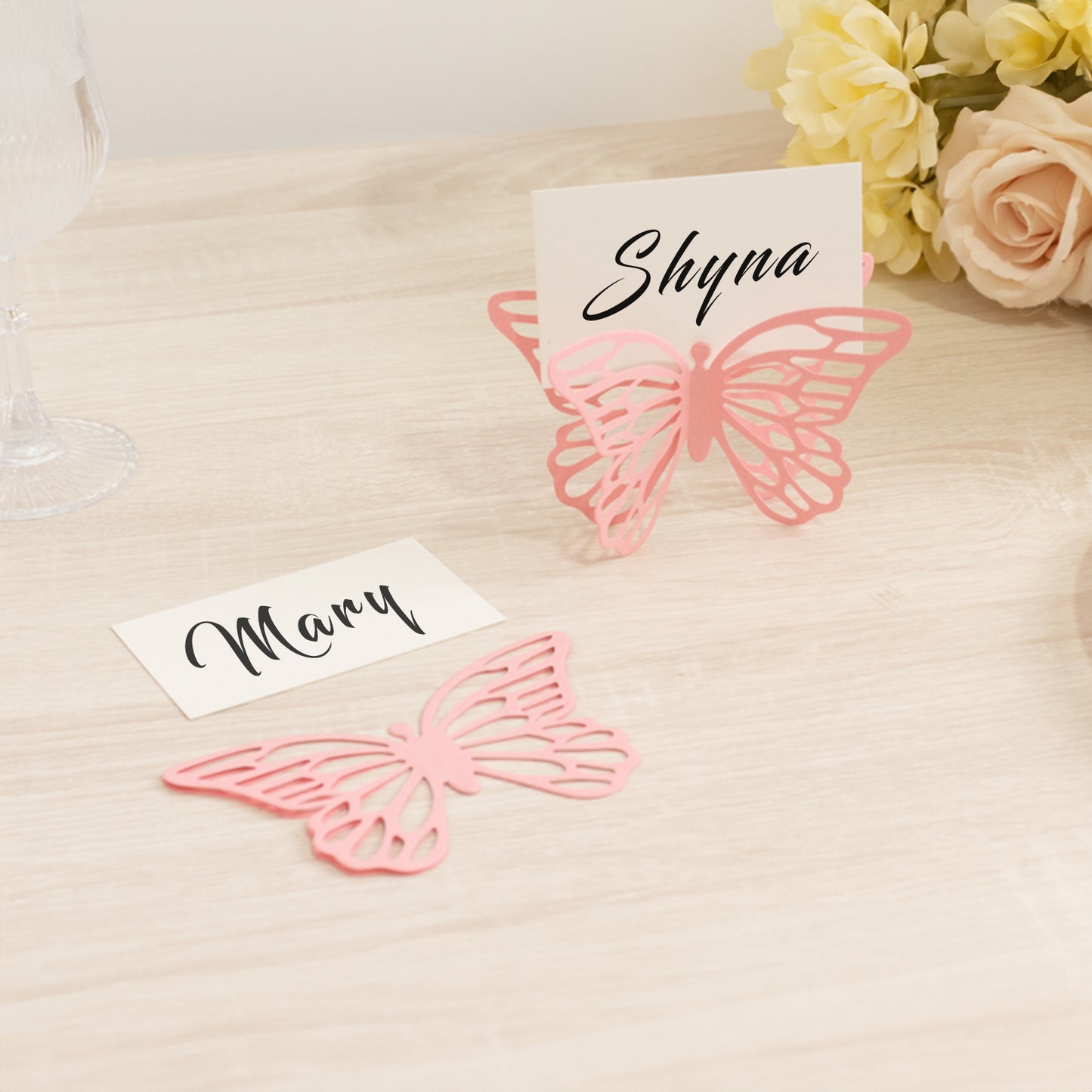 25 Pack Pink Butterfly Table Number Holders with White Printable Cards, Free Standing 3D Butterflies Paper Place Card Holders - 3"x5"