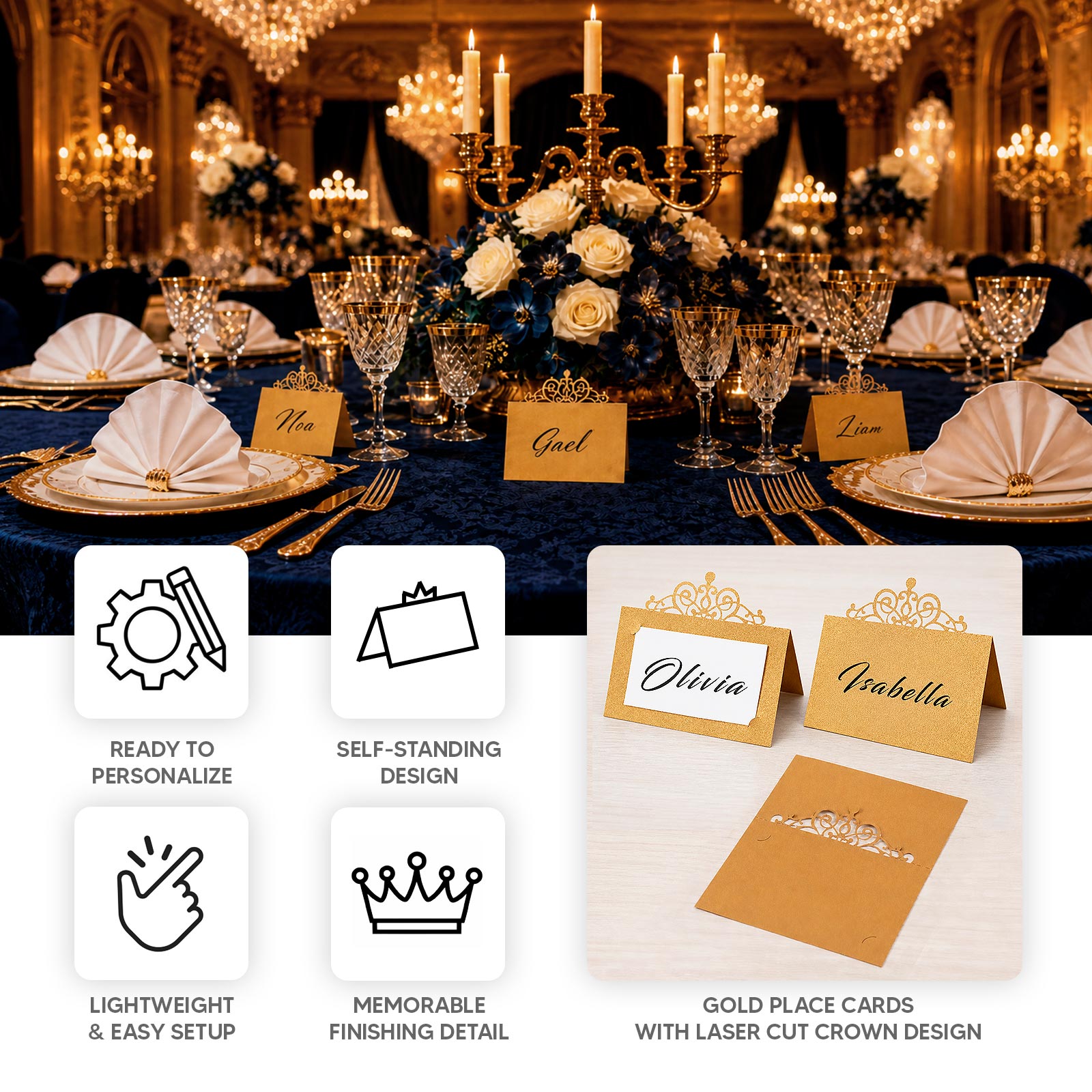 50-Pack Gold Place Cards with Laser Cut Crown Design – Printable Reservation Seating Self Standing C