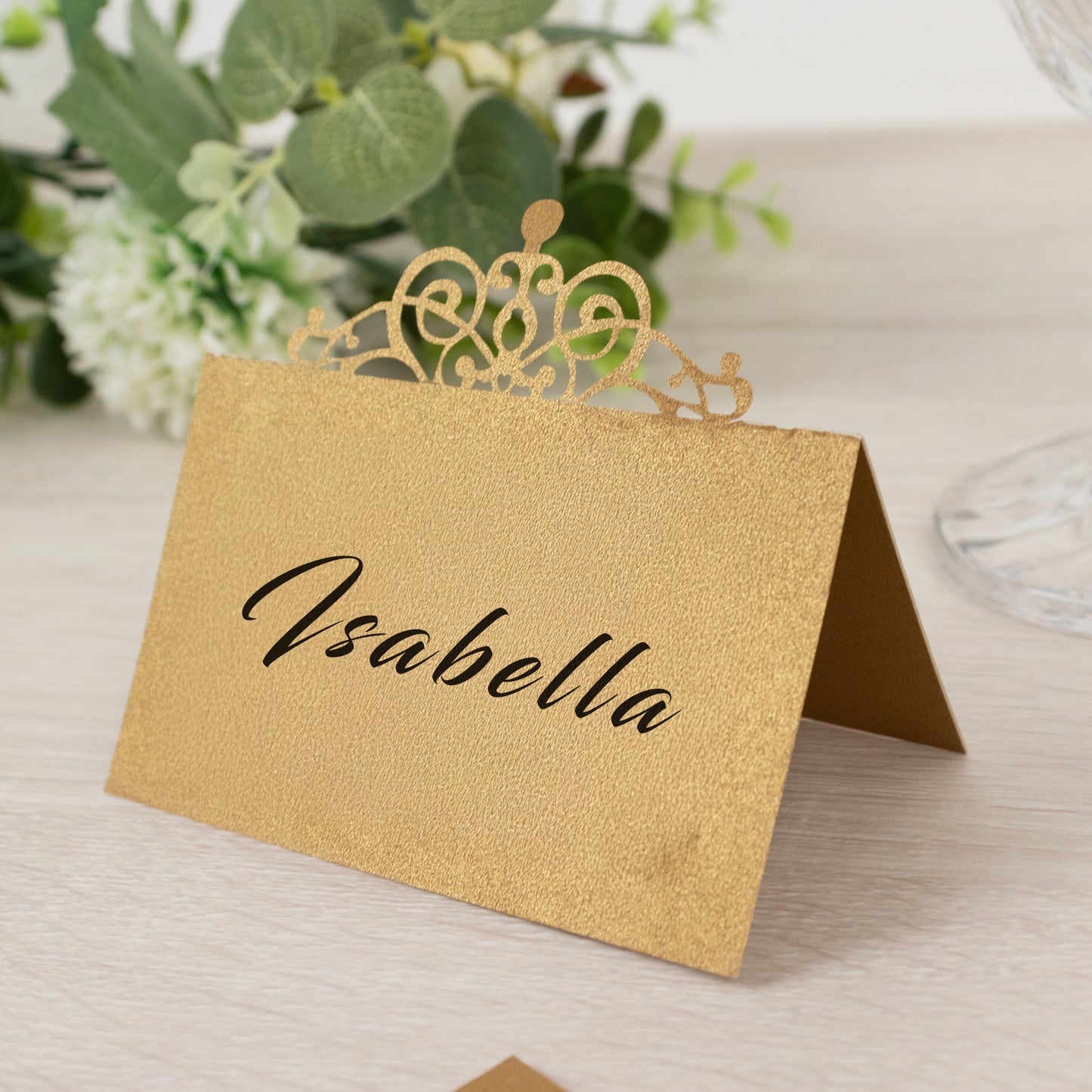 50-Pack Gold Place Cards with Laser Cut Crown Design – Printable Reservation Seating Self Standing Cards - 2"x4"
