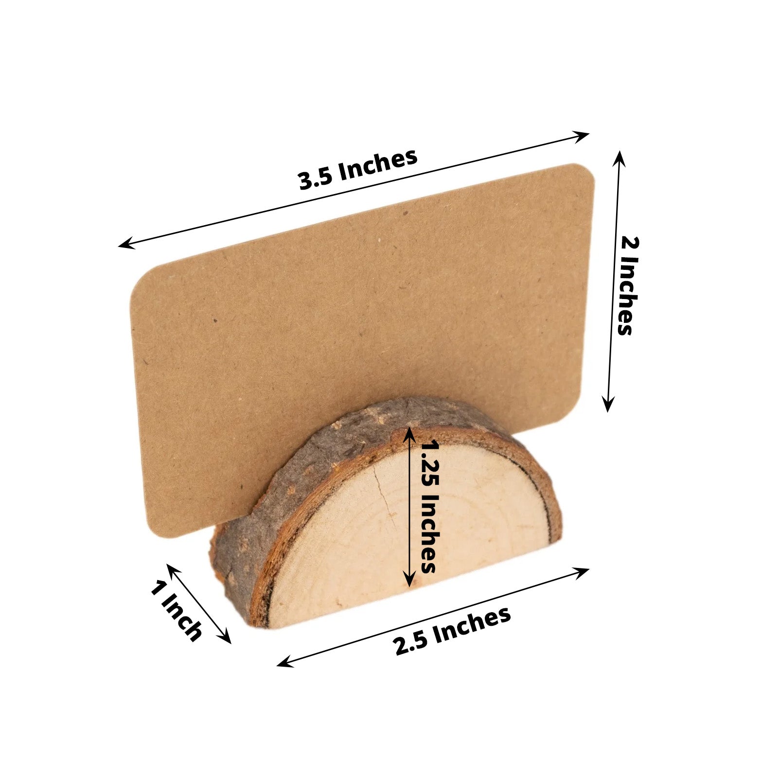 Natural wooden semicircle place card holder with brown paper card.