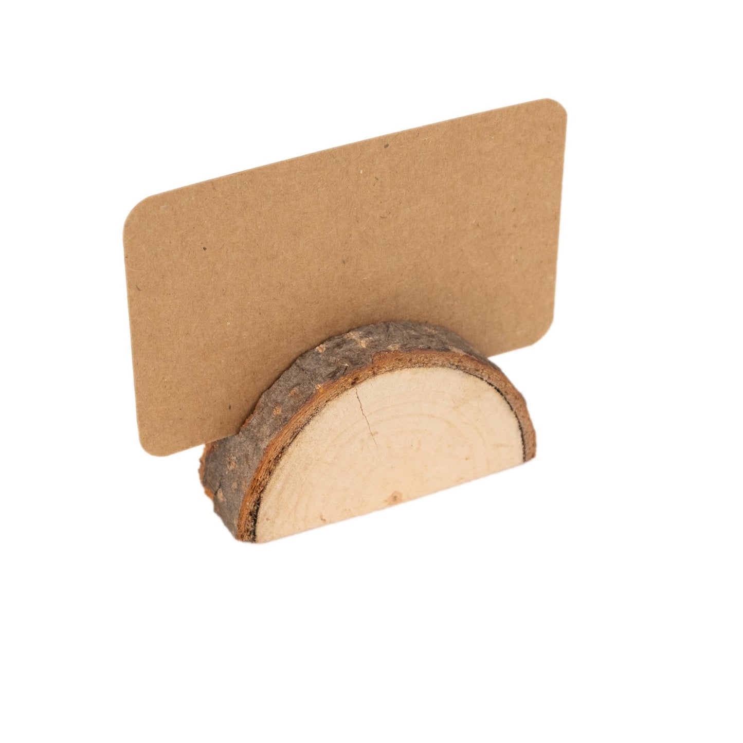 Natural wooden place card holder with brown paper card.