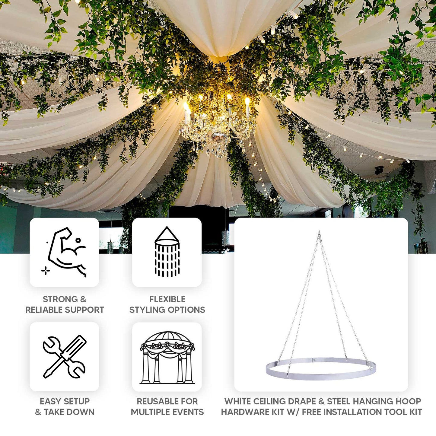 White ceiling drape with stainless steel hanging hoop hardware kit.