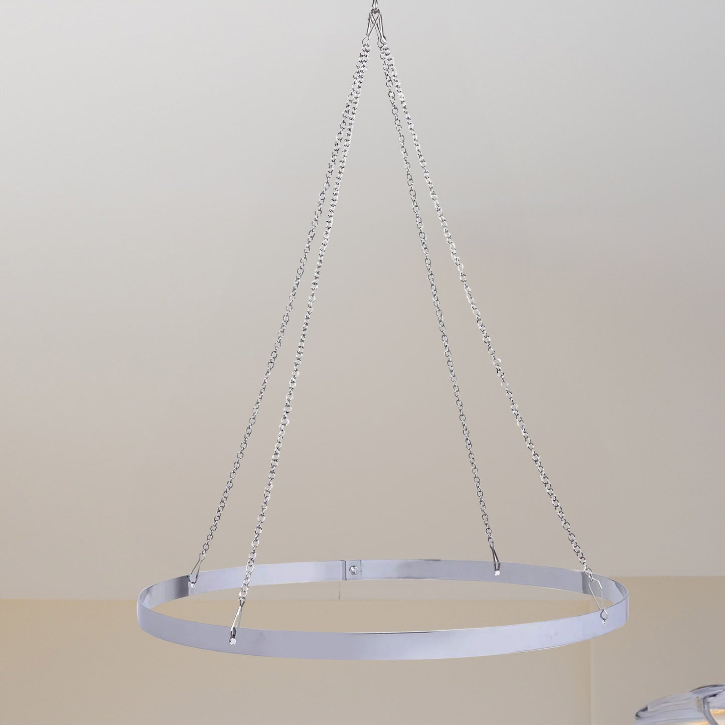 Stainless steel hanging hoop for ceiling drapes, perfect for white decor.