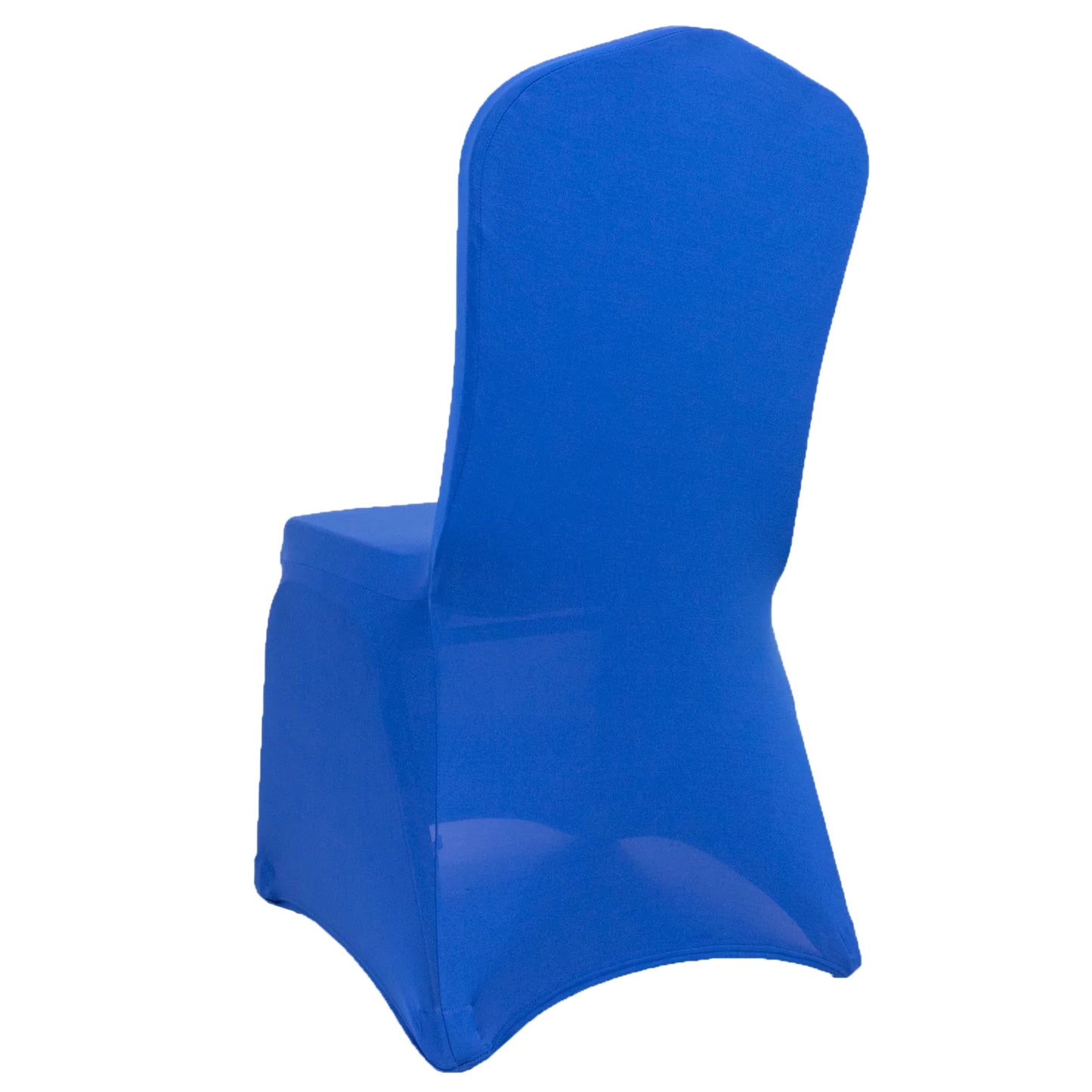 Royal blue fitted banquet chair cover with foot pockets.