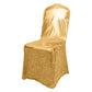Metallic gold shimmer tinsel spandex banquet chair cover with sash and buckle.