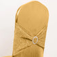 Metallic gold shimmer tinsel spandex banquet chair cover with rhinestone buckle.