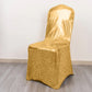 Metallic gold shimmer tinsel spandex banquet chair cover with attached sash.