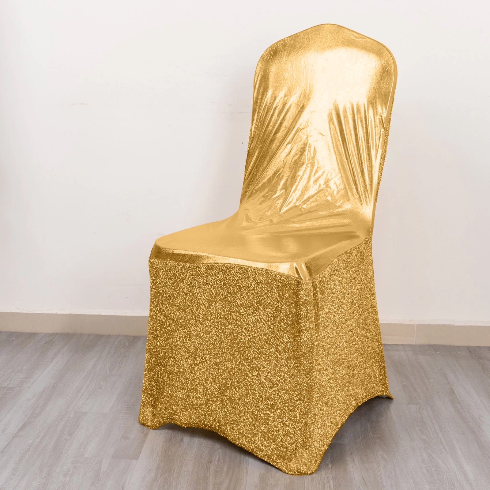 Metallic gold shimmer tinsel spandex banquet chair cover with attached sash.