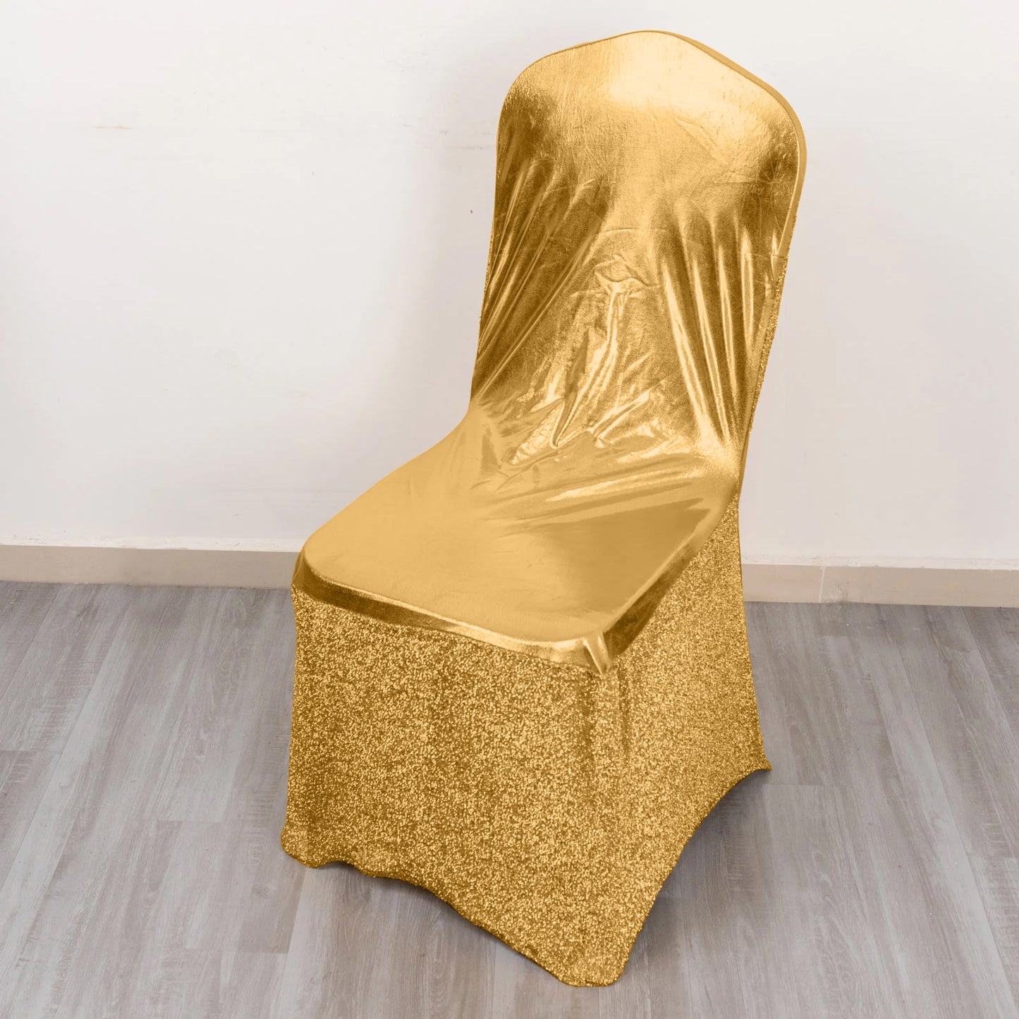 Metallic gold shimmer tinsel spandex banquet chair cover with attached sash.