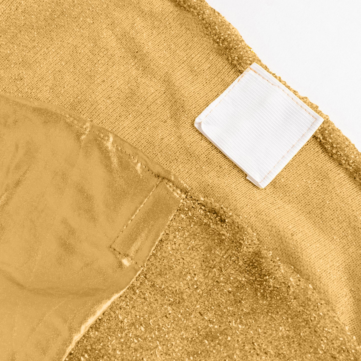 Metallic gold shimmer tinsel spandex banquet chair cover with attached sash.