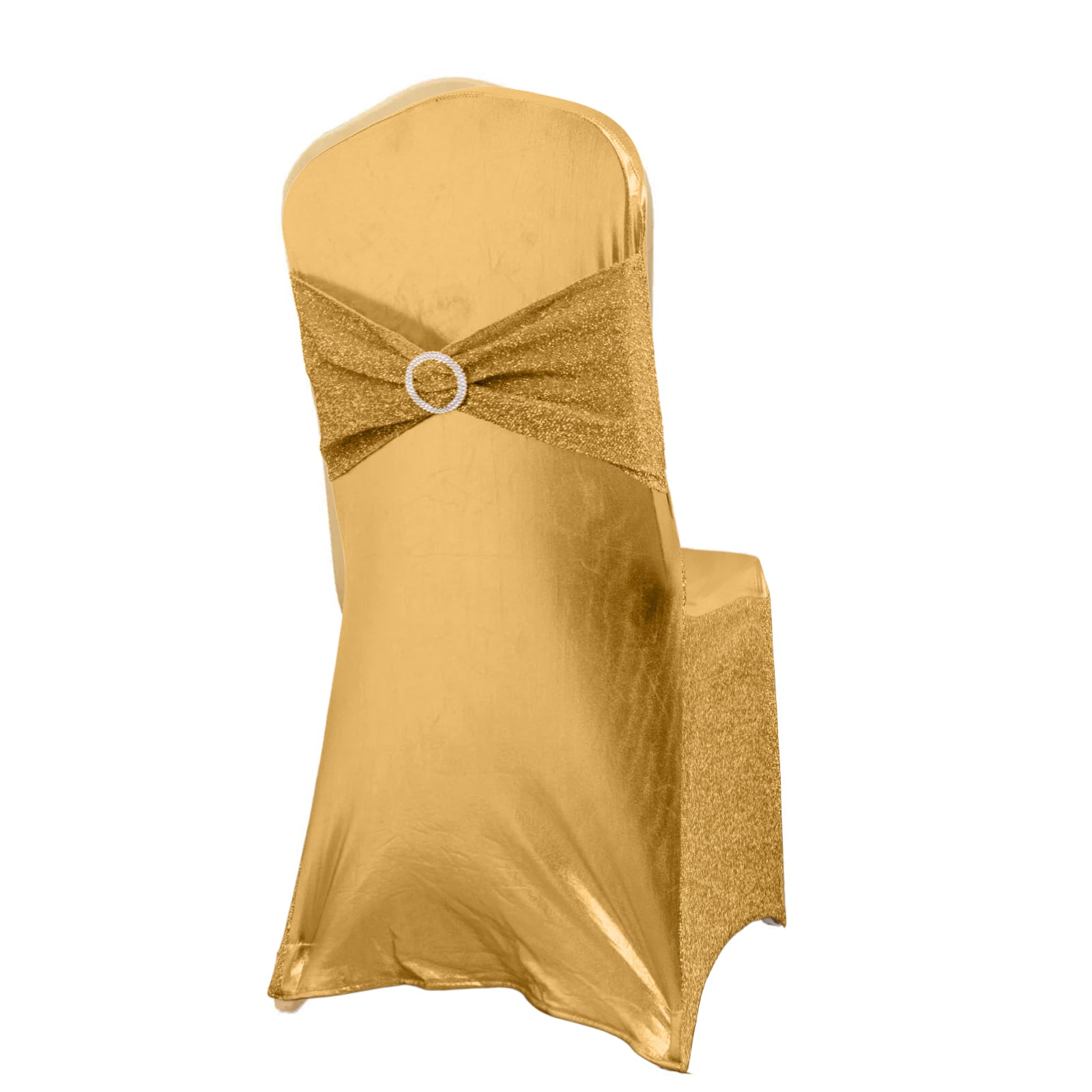Metallic gold shimmer tinsel spandex banquet chair cover with sash and rhinestone buckle.
