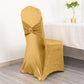 Metallic gold shimmer tinsel spandex banquet chair cover with sash and rhinestone buckle.