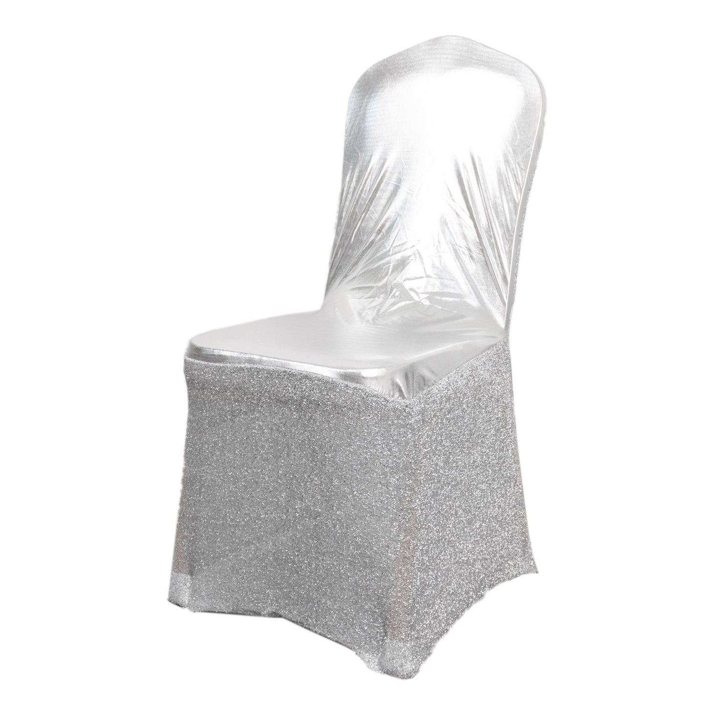 Metallic silver shimmer tinsel banquet chair cover with attached sash.