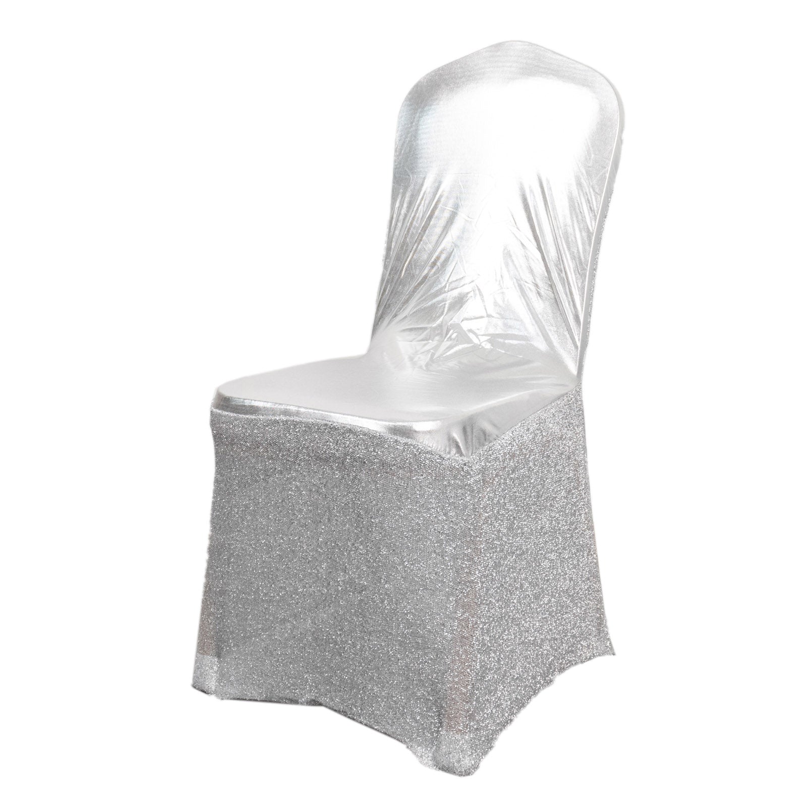 Metallic silver shimmer tinsel banquet chair cover with attached sash.