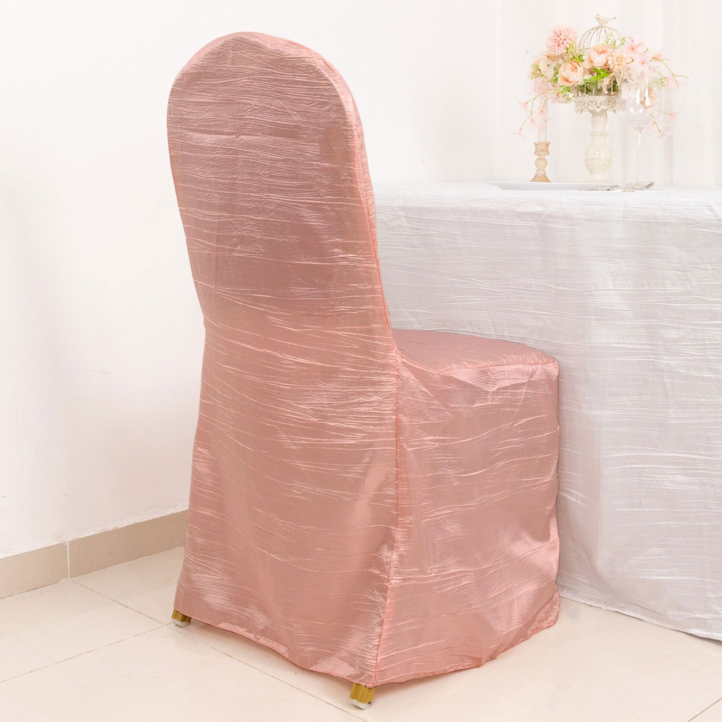 Dusty Rose Crinkle Crushed Taffeta Banquet Chair Cover, Reusable Wedding Chair Cover