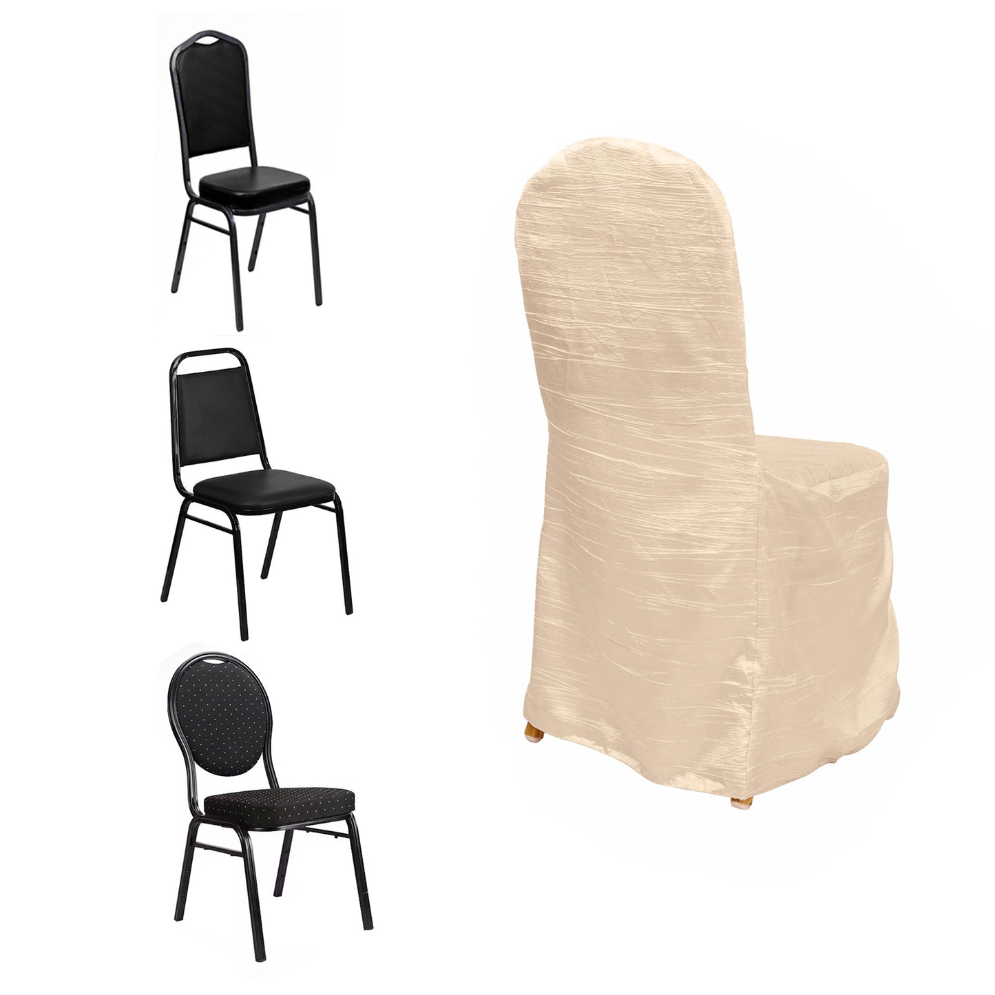 Beige Crinkle Crushed Taffeta Banquet Chair Cover, Reusable Wedding Chair Cover