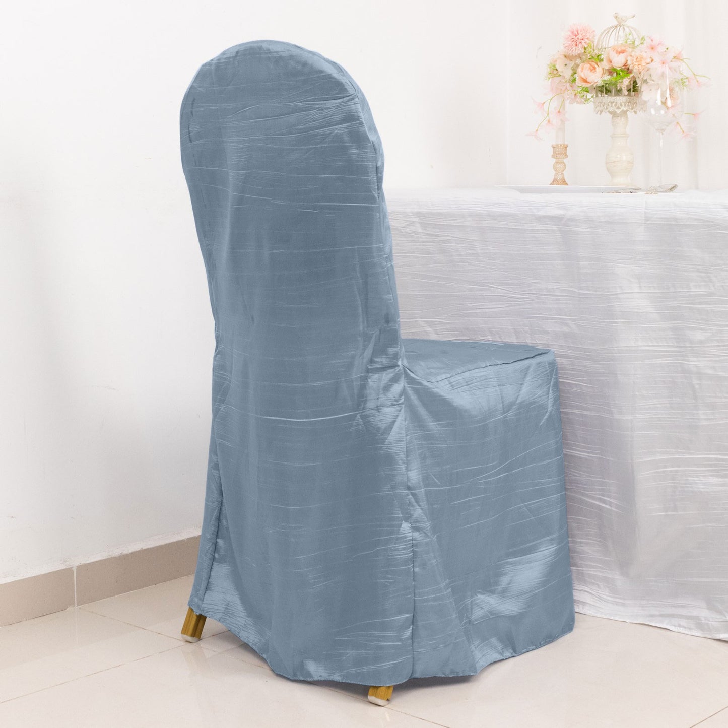 Dusty Blue Crinkle Crushed Taffeta Banquet Chair Cover, Reusable Wedding Chair Cover