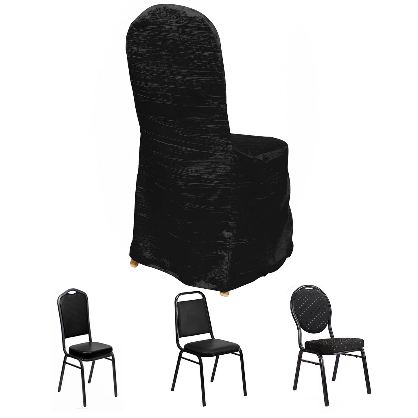 Black Crinkle Crushed Taffeta Banquet Chair Cover, Reusable Wedding Chair Cover