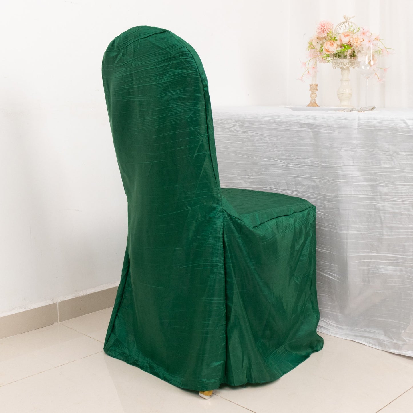 Hunter Emerald Green Crinkle Crushed Taffeta Banquet Chair Cover, Reusable Wedding Chair Cover