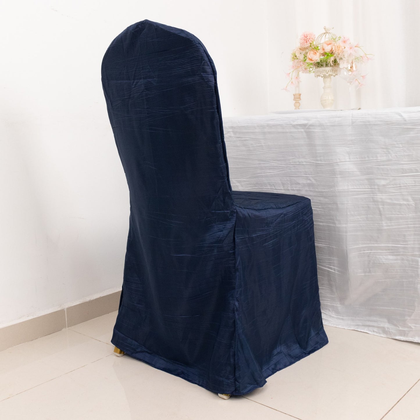 Navy Blue Crinkle Crushed Taffeta Banquet Chair Cover, Reusable Wedding Chair Cover