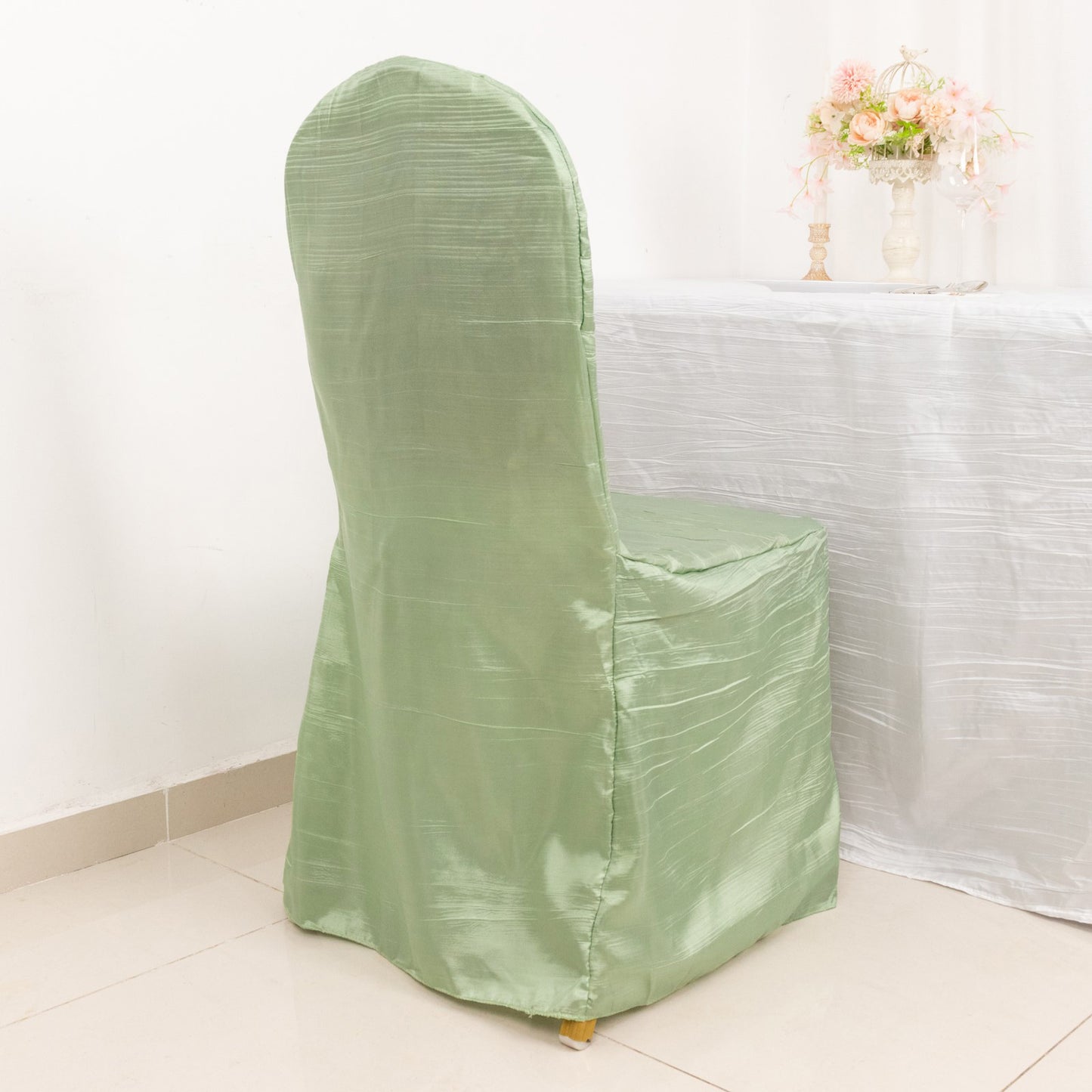 Sage Green Crinkle Crushed Taffeta Banquet Chair Cover, Reusable Wedding Chair Cover