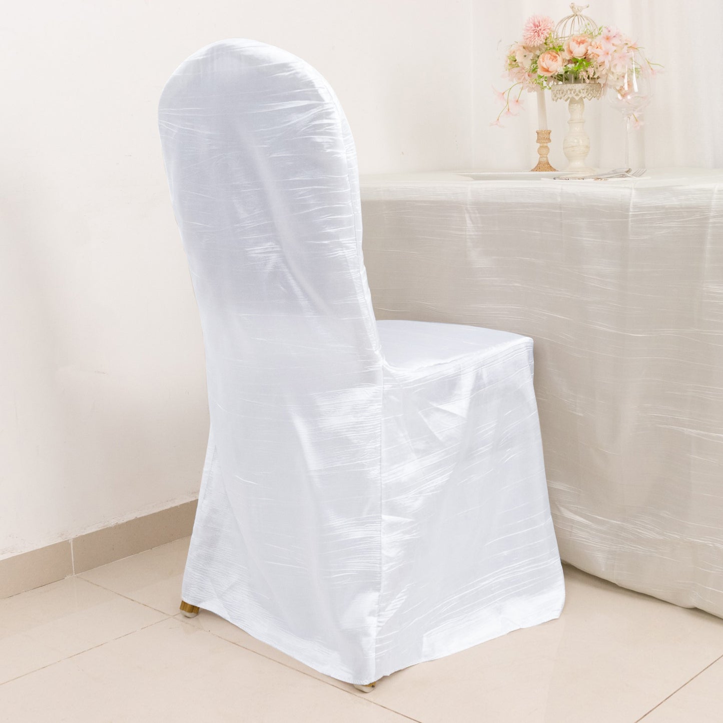 White Crinkle Crushed Taffeta Banquet Chair Cover, Reusable Wedding Chair Cover