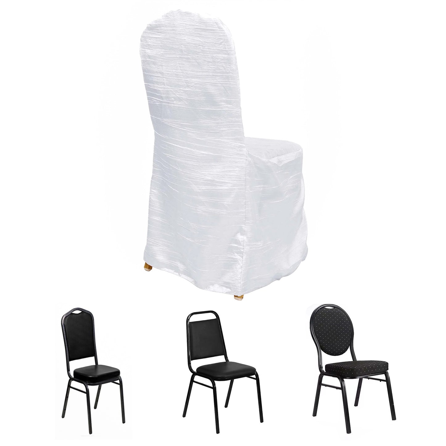 White Crinkle Crushed Taffeta Banquet Chair Cover, Reusable Wedding Chair Cover