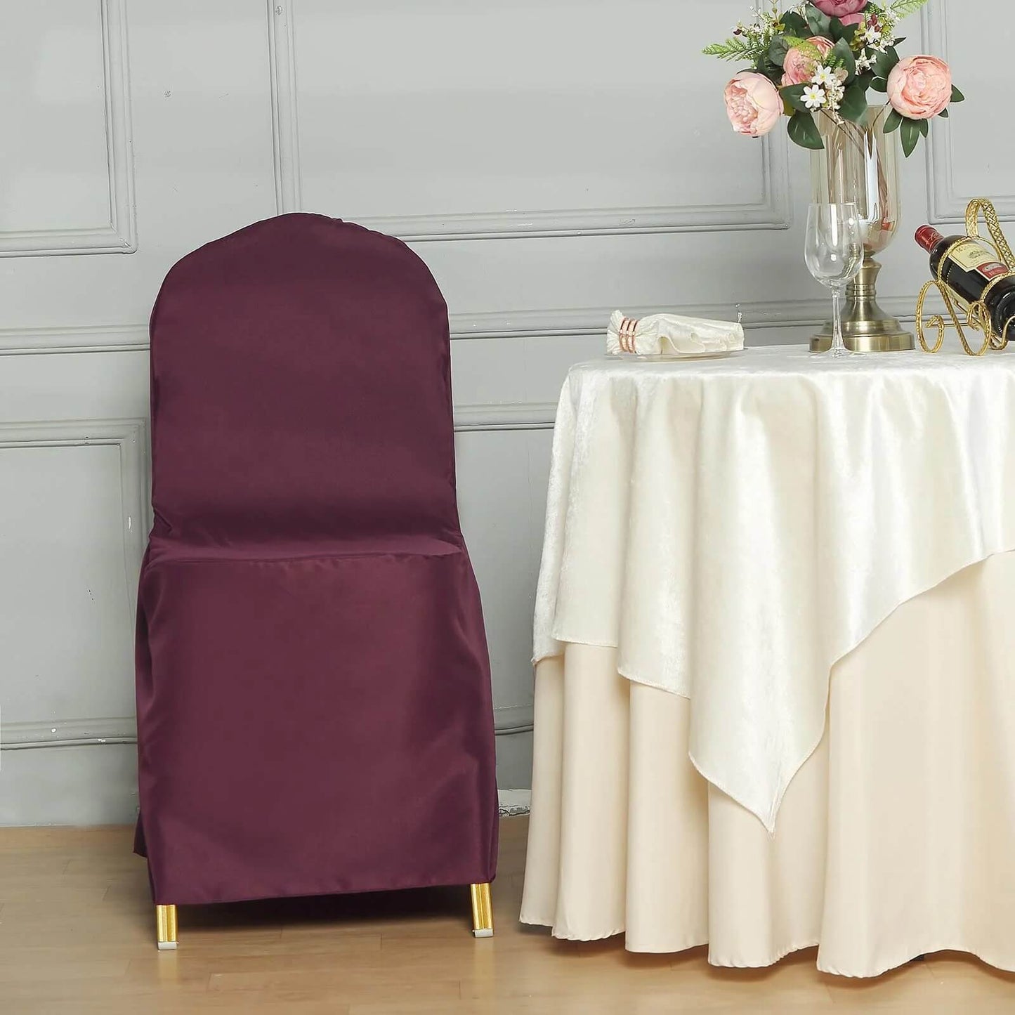 10 Pack Burgundy Polyester Banquet Chair Covers, Reusable Stain Resistant Slip On Chair Covers