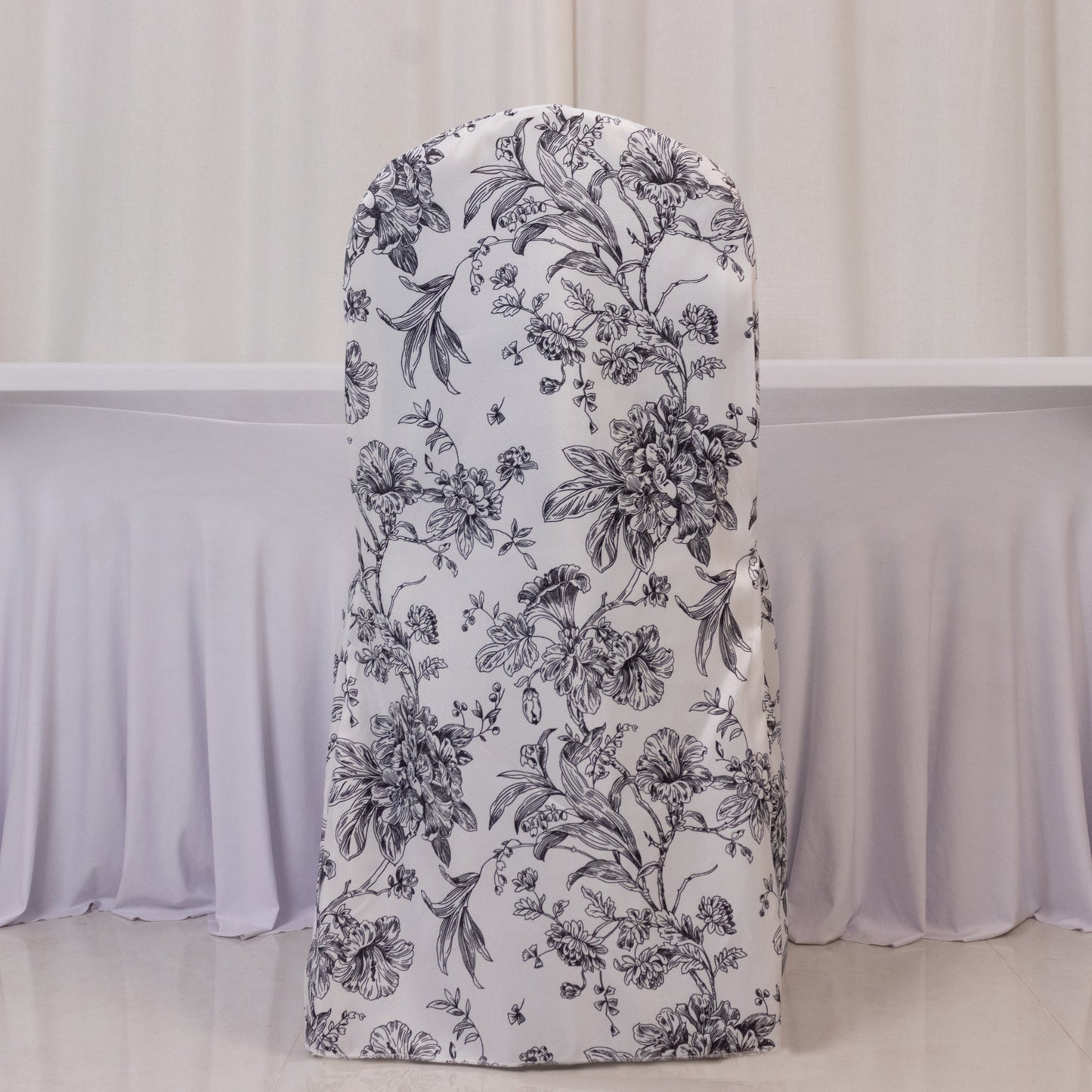 10 Pack Polyester Chair Covers  for Banquet Chairs – White Black French Toile Pattern, Reusable Stain-Resistant Slip-On Slipcovers