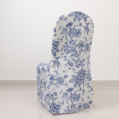 White Blue French Toile Banquet Chair Covers