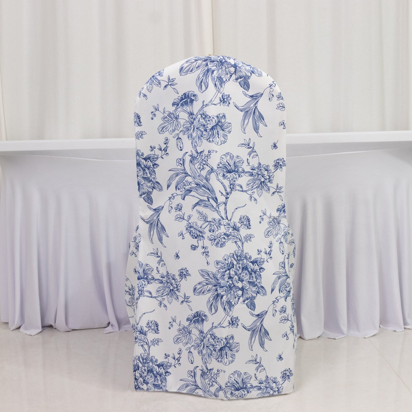 10 Pack Polyester Chair Covers  for Banquet Chairs – White Blue French Toile Pattern, Reusable Stain-Resistant Slip-On Slipcovers