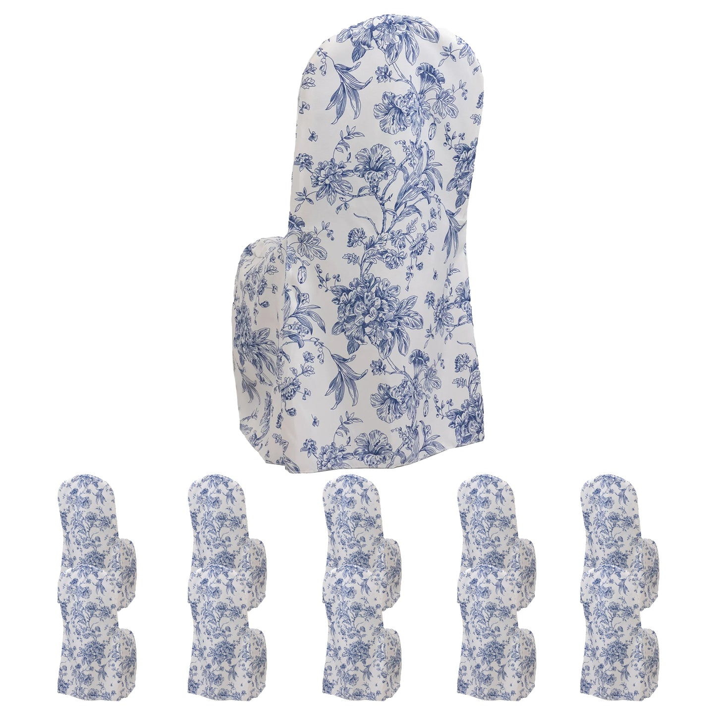 10 Pack Polyester Chair Covers  for Banquet Chairs – White Blue French Toile Pattern, Reusable Stain-Resistant Slip-On Slipcovers