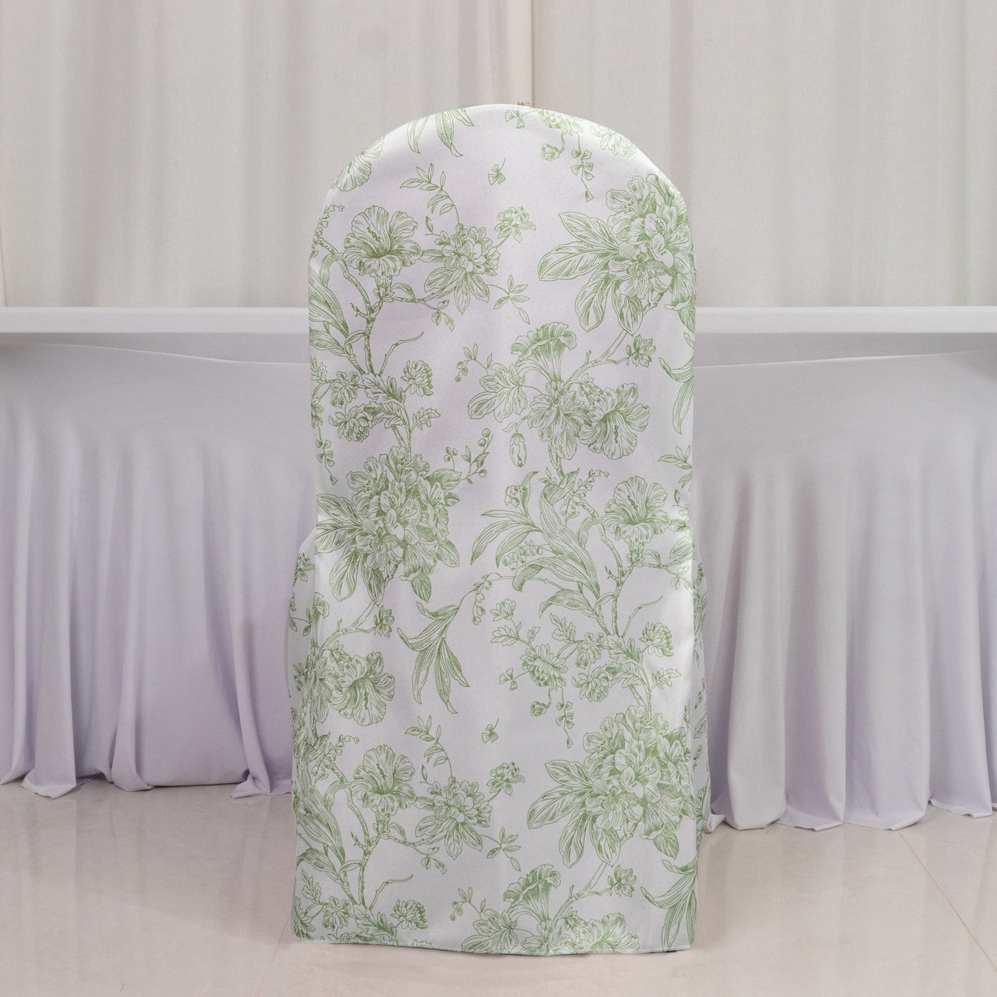 10 Pack Polyester Chair Covers  for Banquet Chairs – White Dusty Sage Green French Toile Pattern, Reusable Stain-Resistant Slip-On Slipcovers