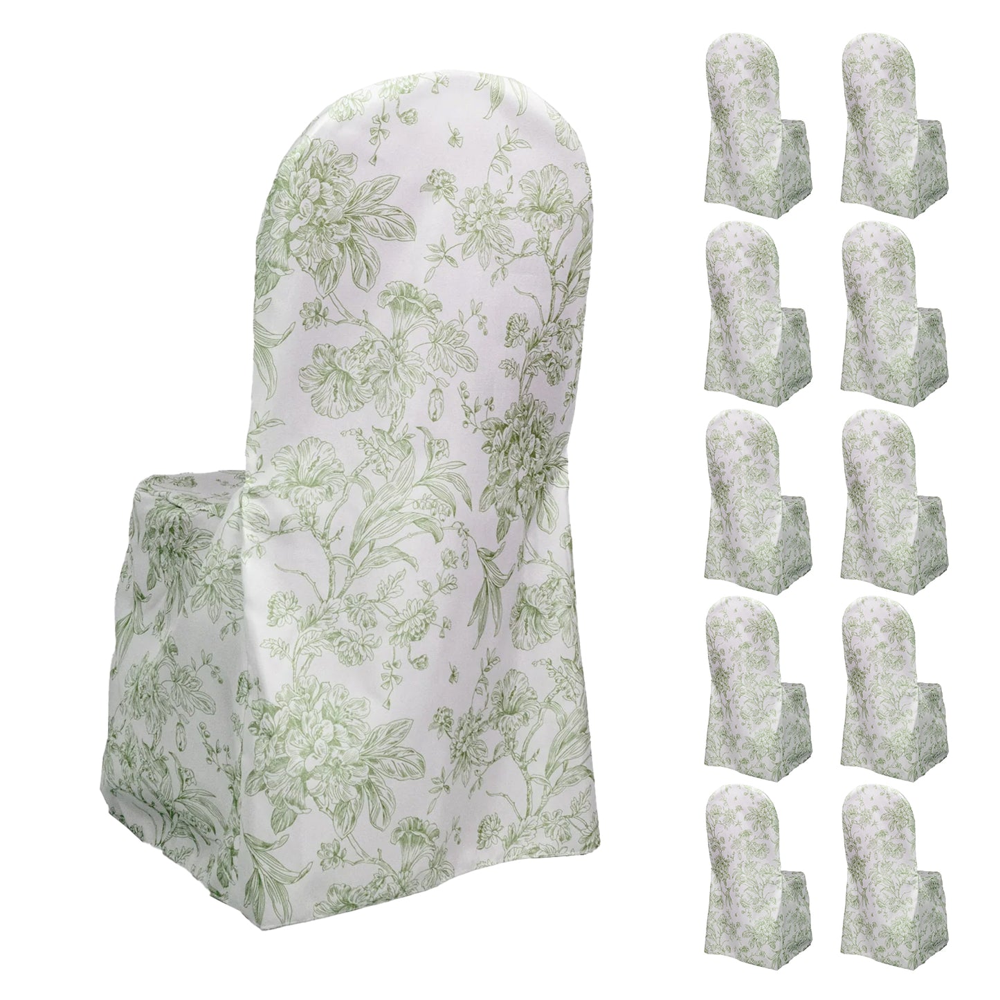 10 Pack Polyester Chair Covers  for Banquet Chairs – White Dusty Sage Green French Toile Pattern, Reusable Stain-Resistant Slip-On Slipcovers