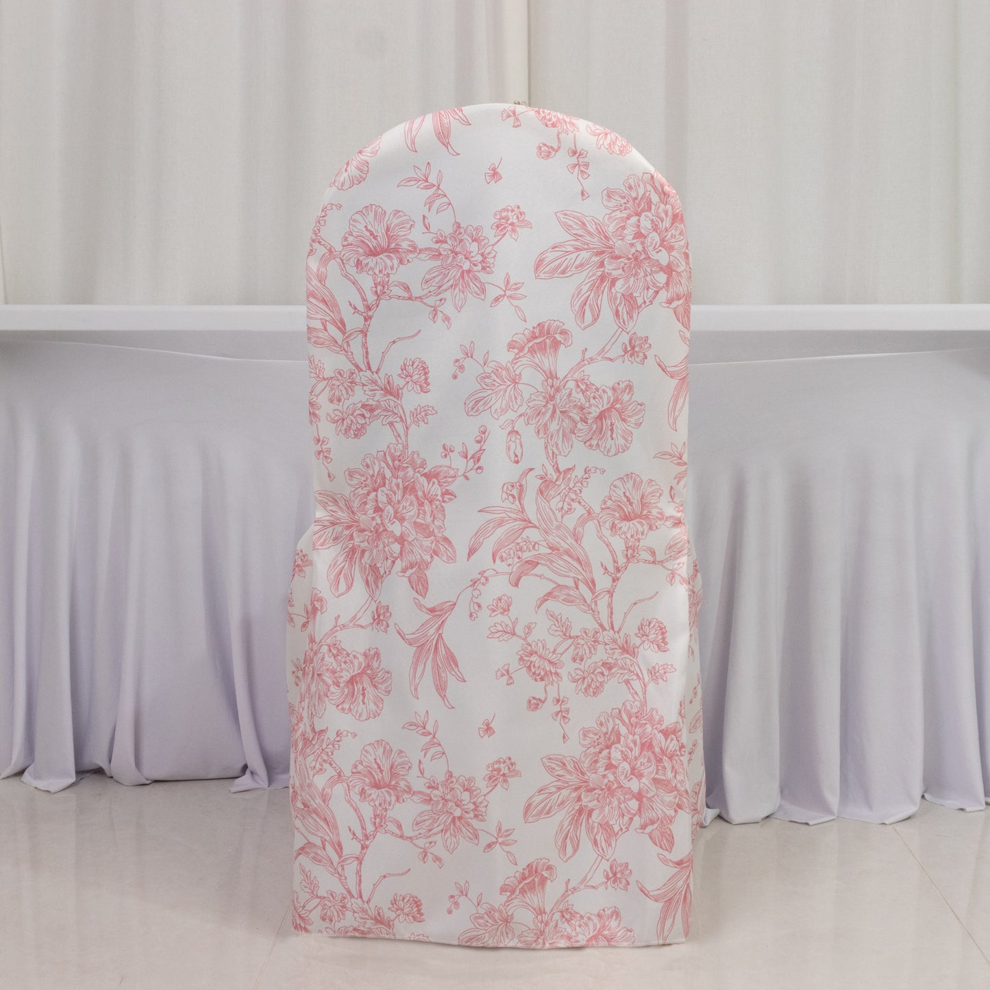 10 Pack Polyester Chair Covers  for Banquet Chairs – White Pink French Toile Pattern, Reusable Stain-Resistant Slip-On Slipcovers