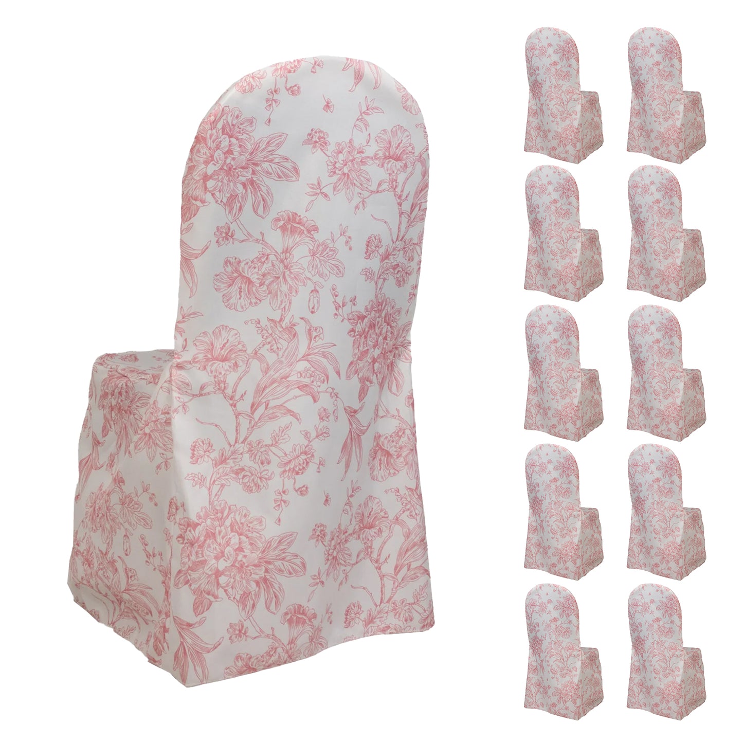 10 Pack Polyester Chair Covers  for Banquet Chairs – White Pink French Toile Pattern, Reusable Stain-Resistant Slip-On Slipcovers