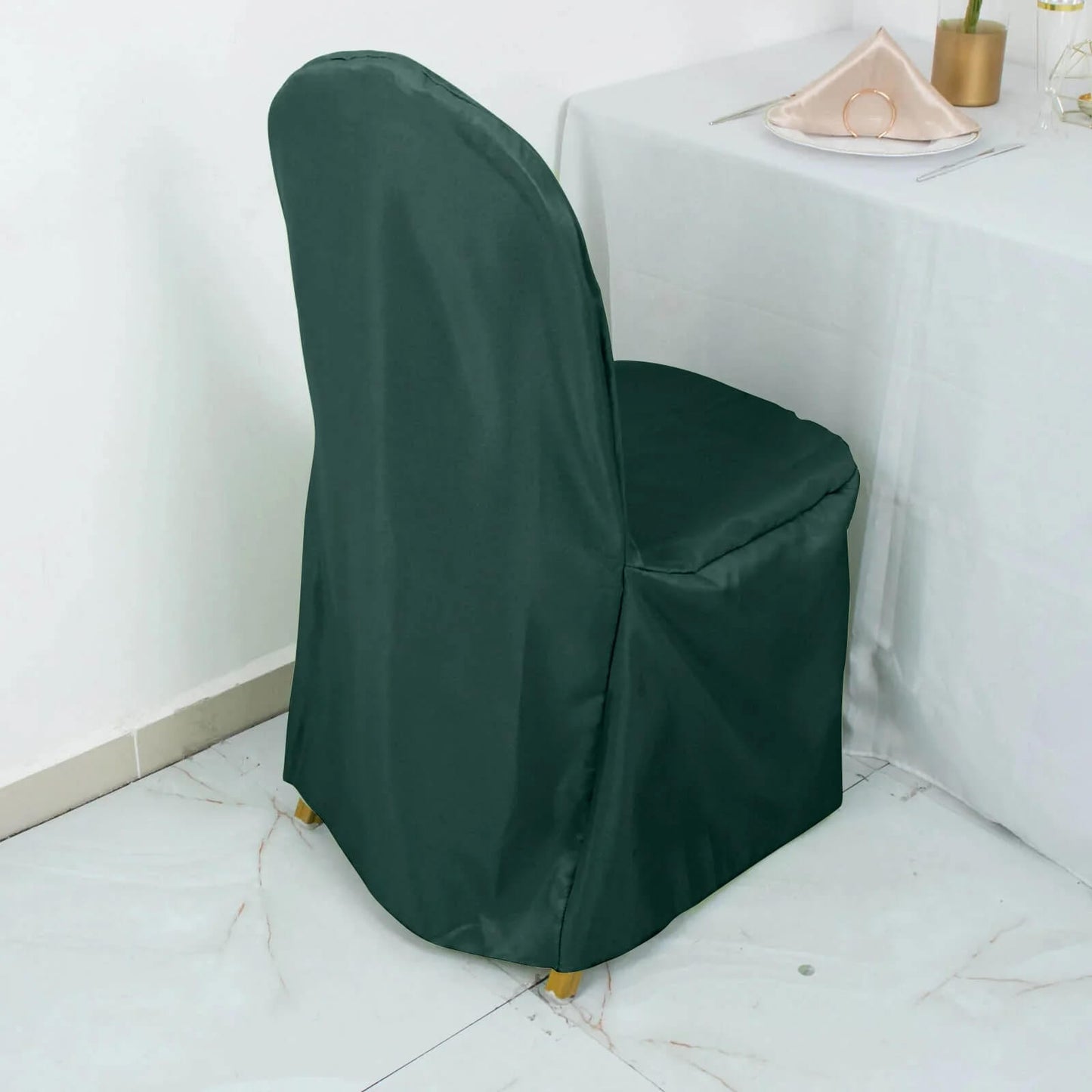 10 Pack Hunter Emerald Green Polyester Banquet Chair Covers, Reusable Stain Resistant Slip On Chair Covers