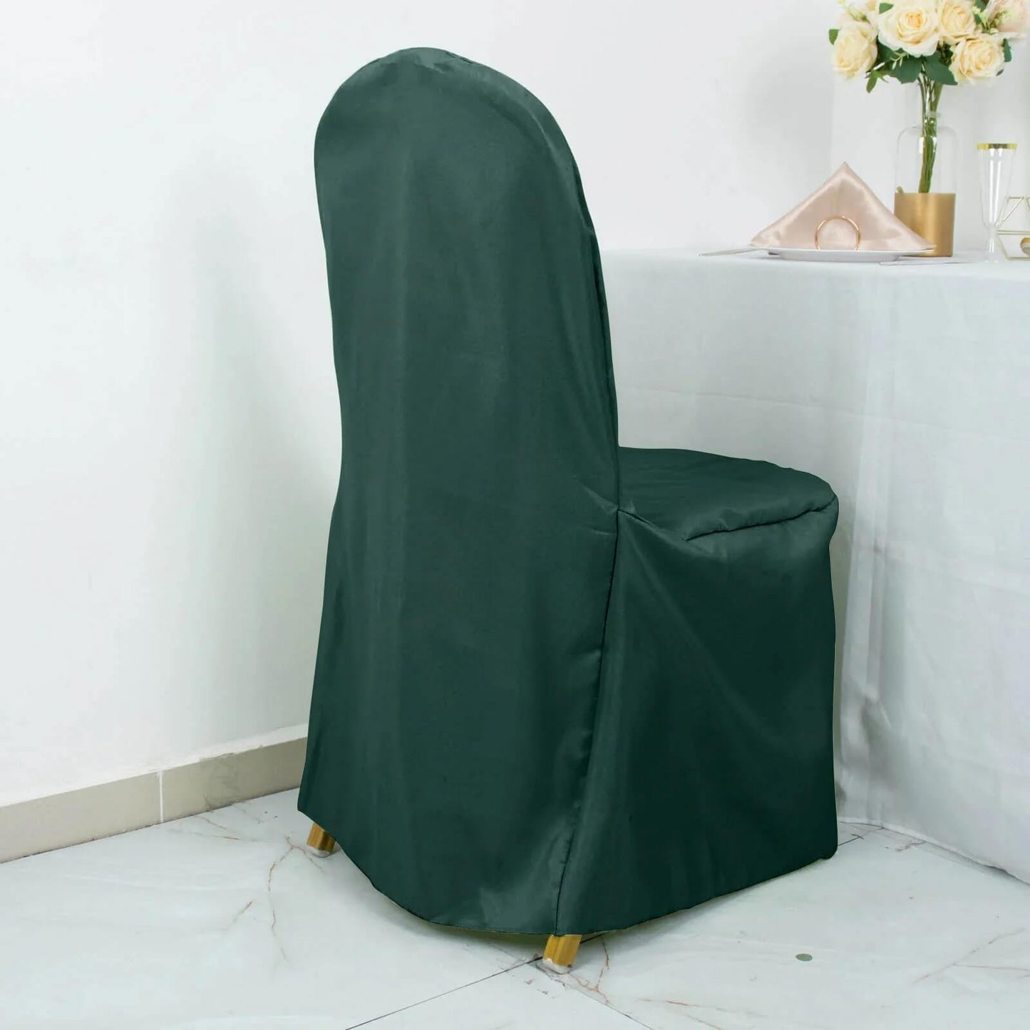 10 Pack Hunter Emerald Green Polyester Banquet Chair Covers, Reusable Stain Resistant Slip On Chair Covers