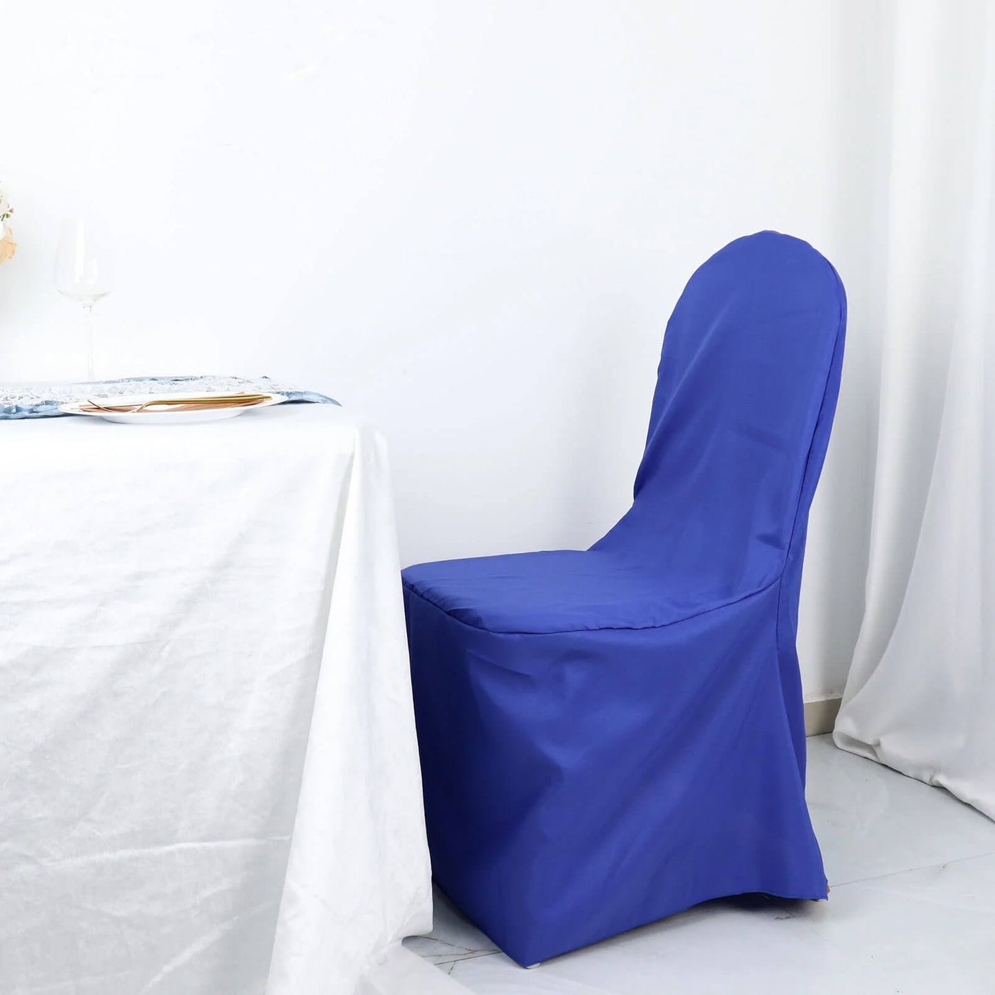 10 Pack Royal Blue Polyester Banquet Chair Covers, Reusable Stain Resistant Slip On Chair Covers